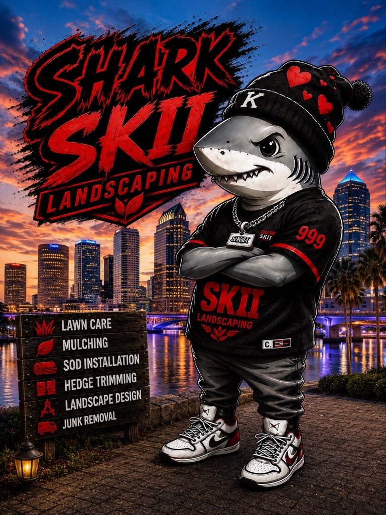 Shark Skii Landscaping shark mascot in a black and red outfit against the Tampa skyline